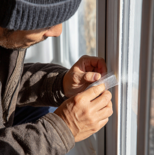 창가 보온재 스티커 붙이는 모습