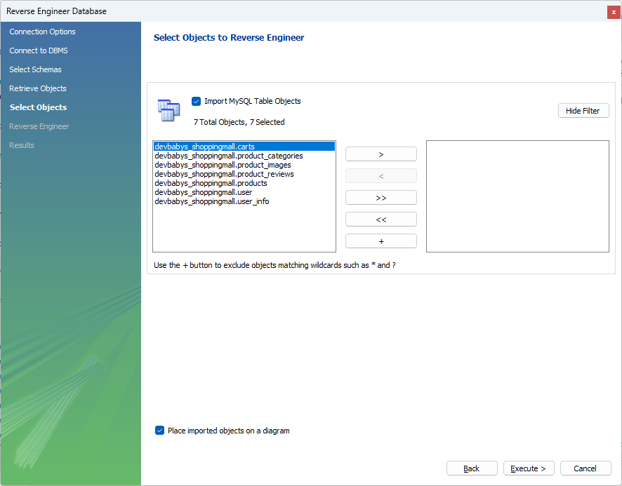 ERD를 구성할 테이블 선택 예시 화면