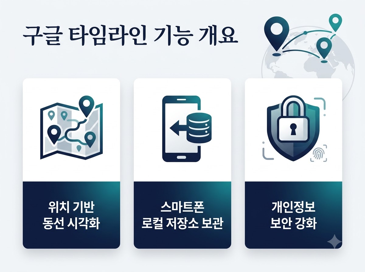 구글 타임라인의 스마트폰 로컬 저장 및 위치 기반 동선 시각화 특징을 보여주는 인포그래픽