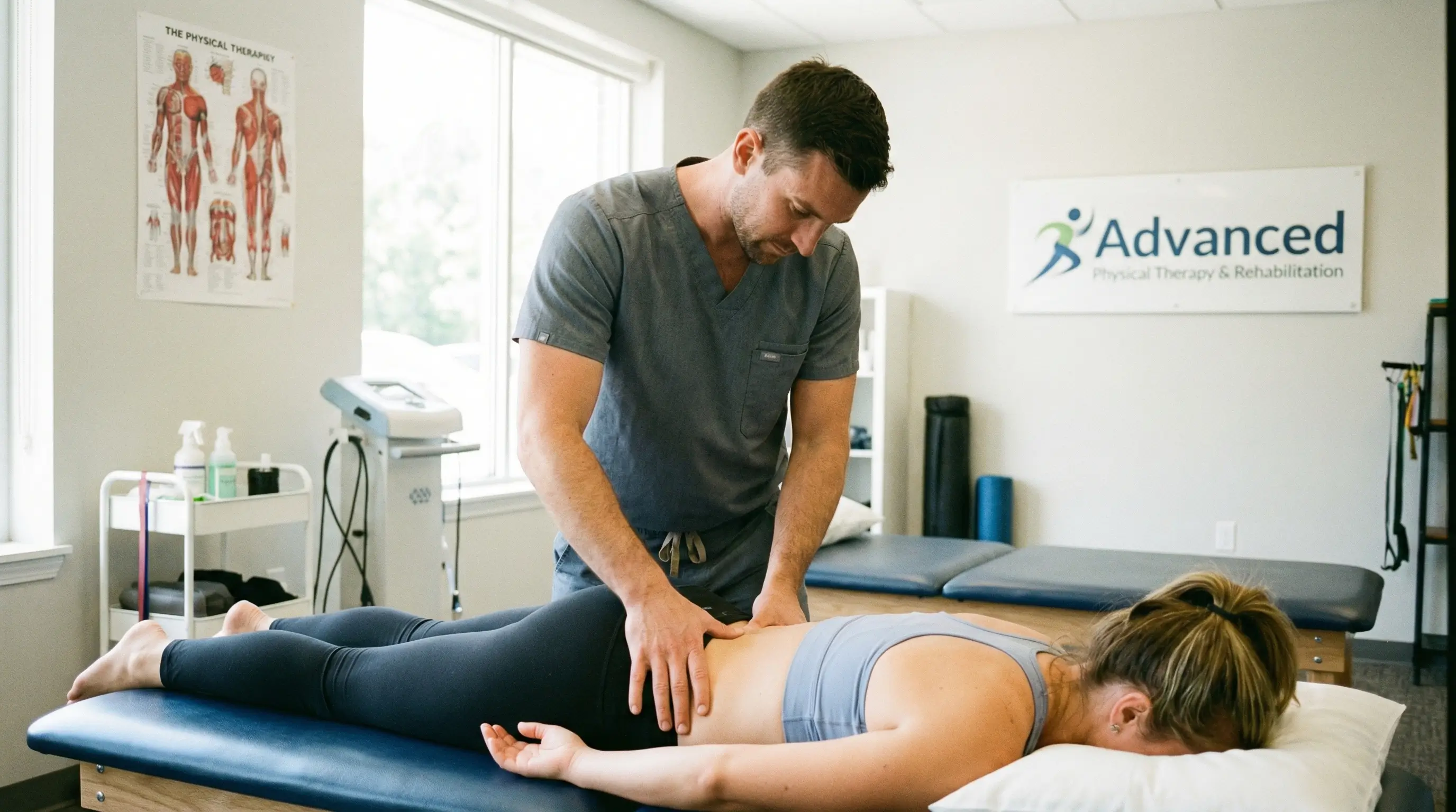 물리치료사가 환자의 허리 통증 완화를 위해 도수치료를 진행하고 있는 전문적인 모습