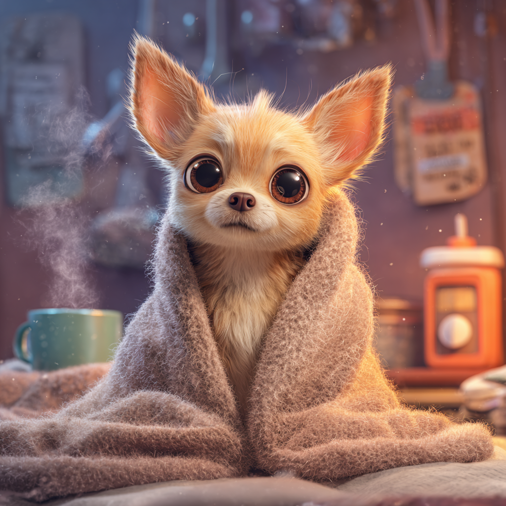 체온보호를 위해 담요를 덮고있는귀여운 강아지, 픽사스타일 일러스트