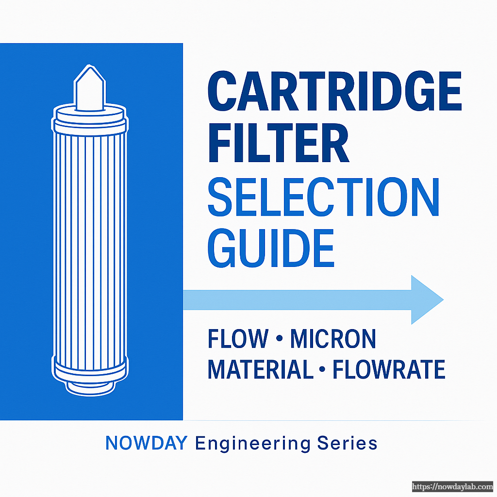 Blue and white engineering thumbnail for Cartridge Filter Selection Guide with flow arrow and technical layout.
