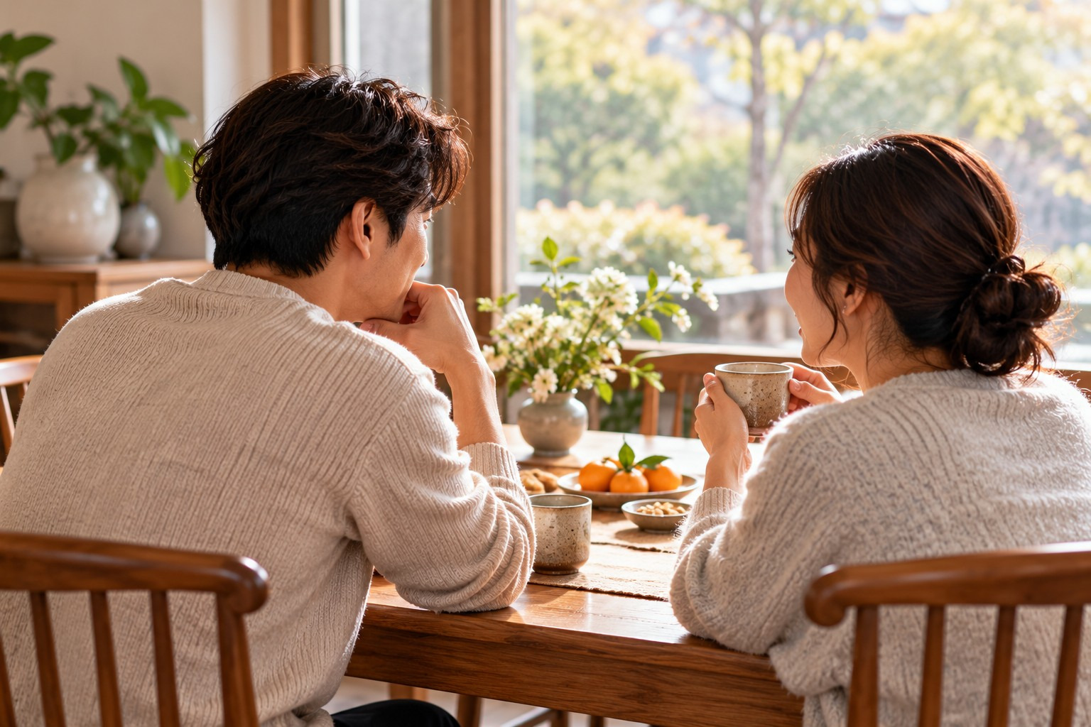 마주 앉아 대화하는 두 사람