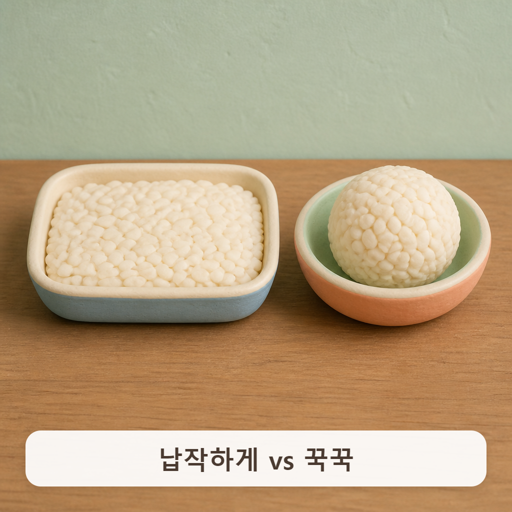 납작한 용기와 동그랗게 뭉친 밥을 나란히 놓은 모습