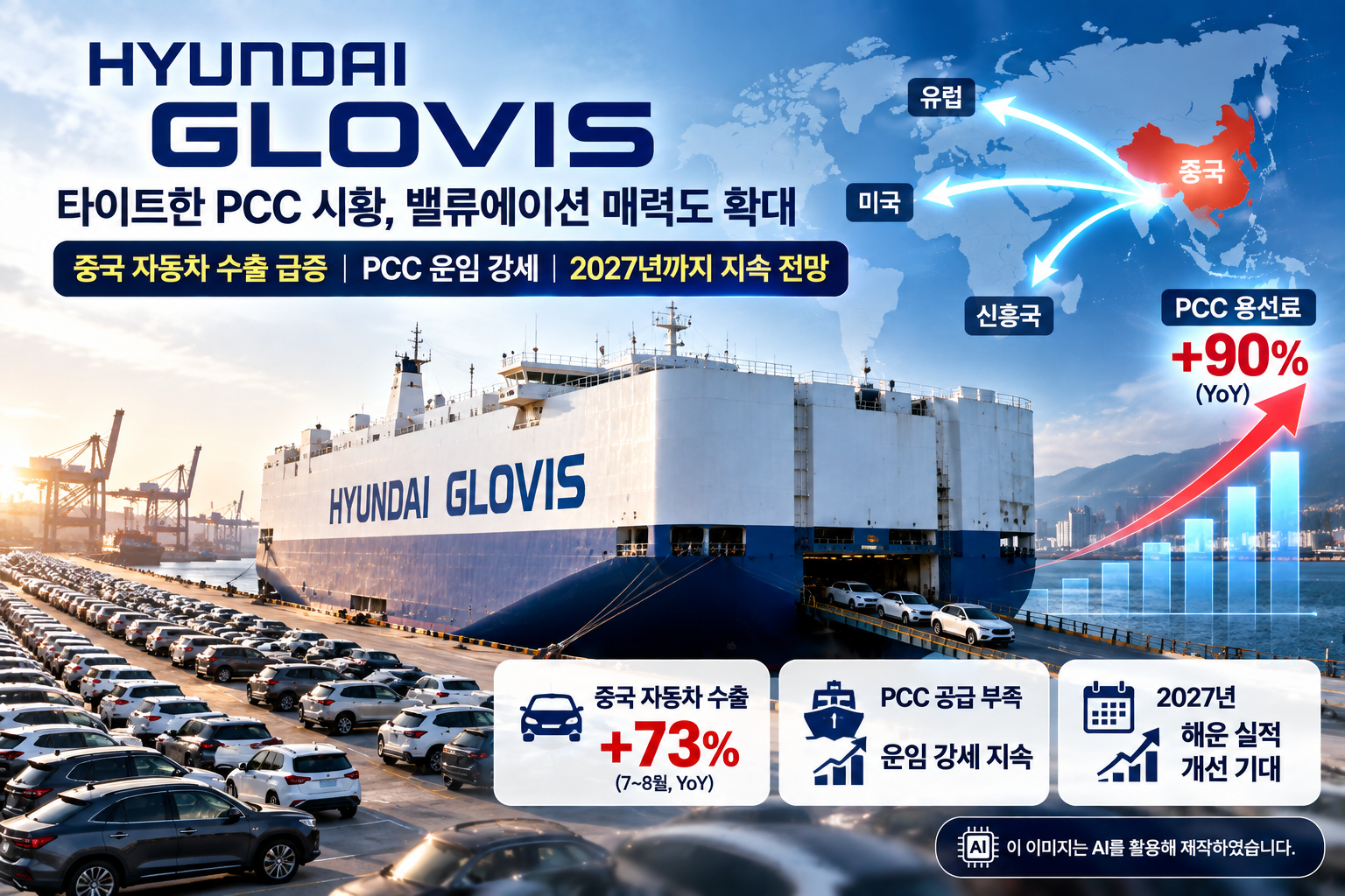 현대글로비스 중국 자동차 수출 73% 증가와 PCC 자동차운반선 운임 90% 상승, 2027년 해운 실적 개선 전망