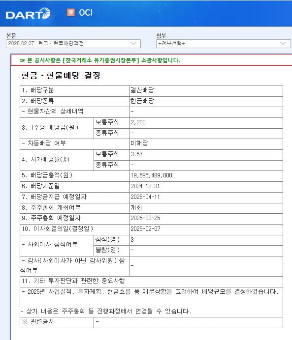 OCI(456040) 2025년 배당