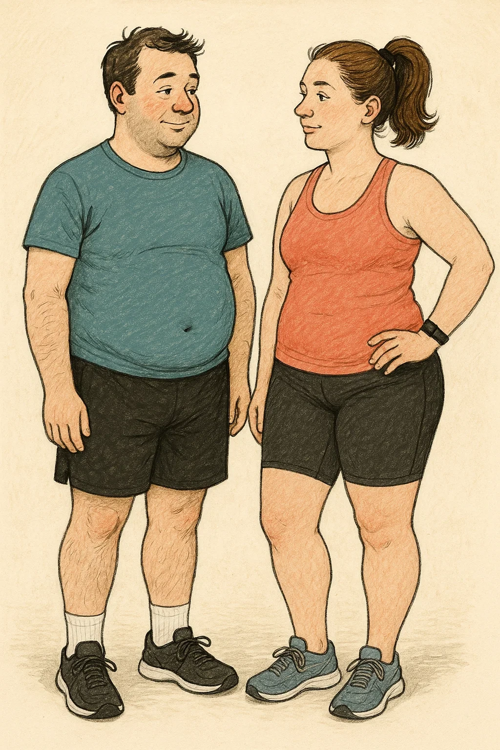 운동복으로 갈아입은 30대 부부. 남편은 복부에, 부인은 허벅지에 살이 조금 찐 상태.