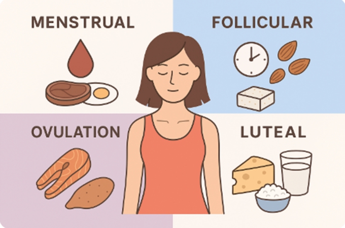 생리 주기와 단백질 섭취의 연관성을 묘사한 플랫 스타일 일러스트. 여성 인체 실루엣을 중심으로 생리 주기의 각 시기(월경기, 여포기, 배란기, 황체기)에 해당하는 아이콘과 단백질 섭취 권장량이 시각적으로 표현되어 있다.