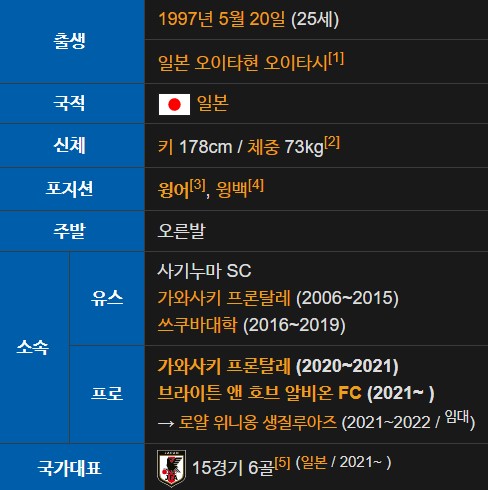 브라이턴 일본인 윙어 미토마 카오루 프로필 