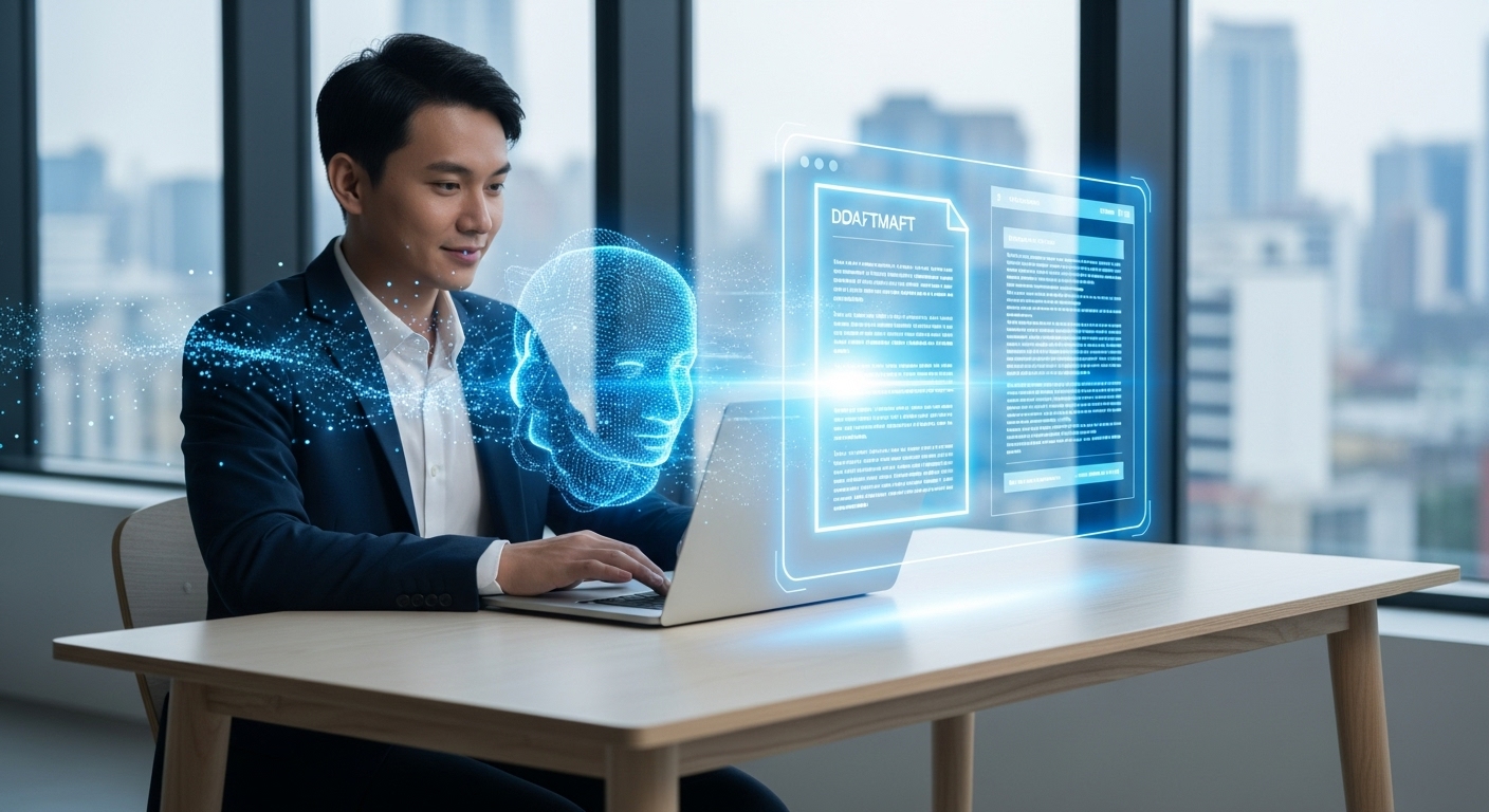 AI 비서의 도움을 받아 노트북으로 문서를 빠르고 쉽게 작성하는 사람의 모습. 효율적인 문서 작업을 시각적으로 표현.