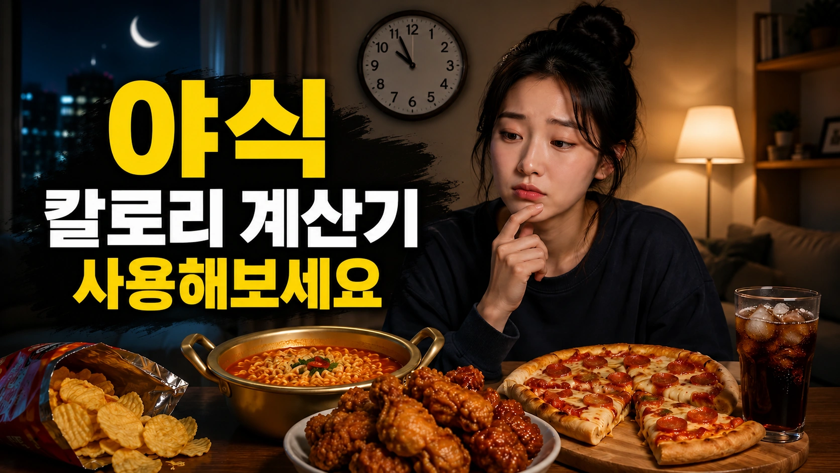 늦은 밤 시계를 보며 라면, 치킨, 피자 등 야식 메뉴를 고민하는 여성의 모습과 야식 칼로리 텍스트