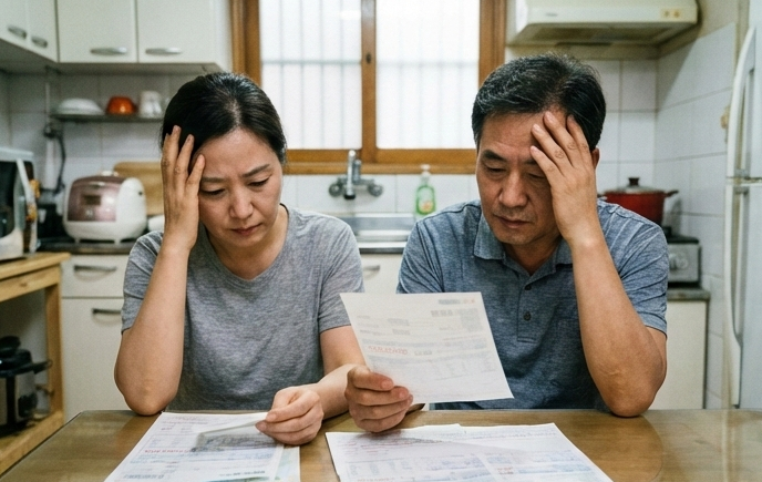 전기요금 고지서를 확인하며 요금 부담을 느끼는 가정