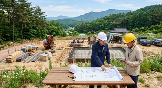 전원주택 건축 허가 절차를 준비하는 설계 및 토지 확인 장면