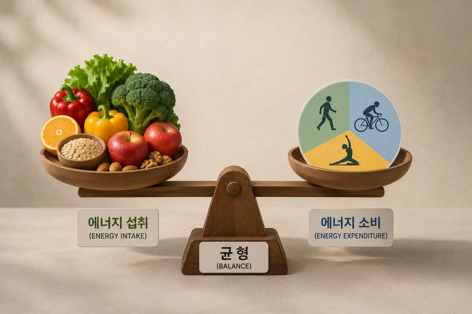 에너지 섭취와 소비의 균형을 저울로 표현한 모습