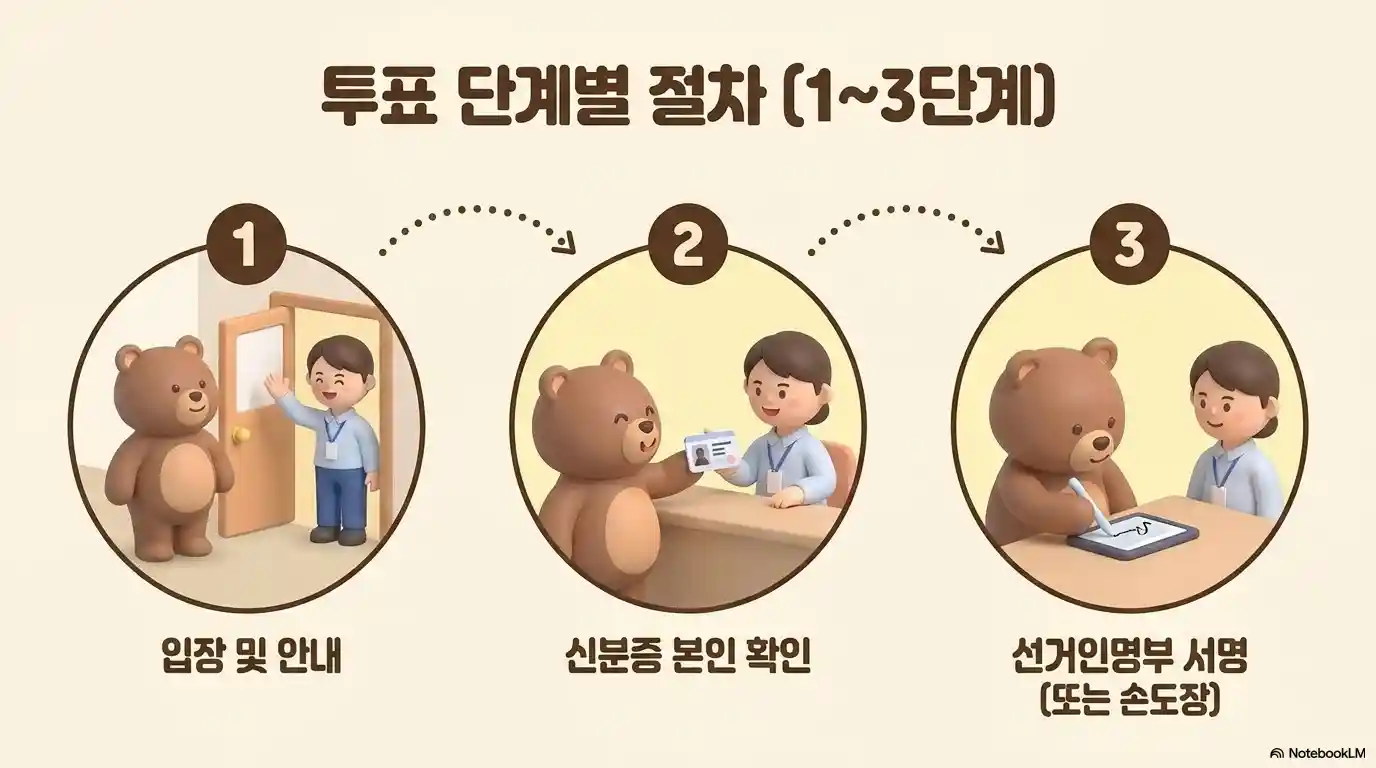 사전투표 단계별 절차 1~3단계 - 입장 및 안내 신분증 본인 확인 선거인명부 서명 순서