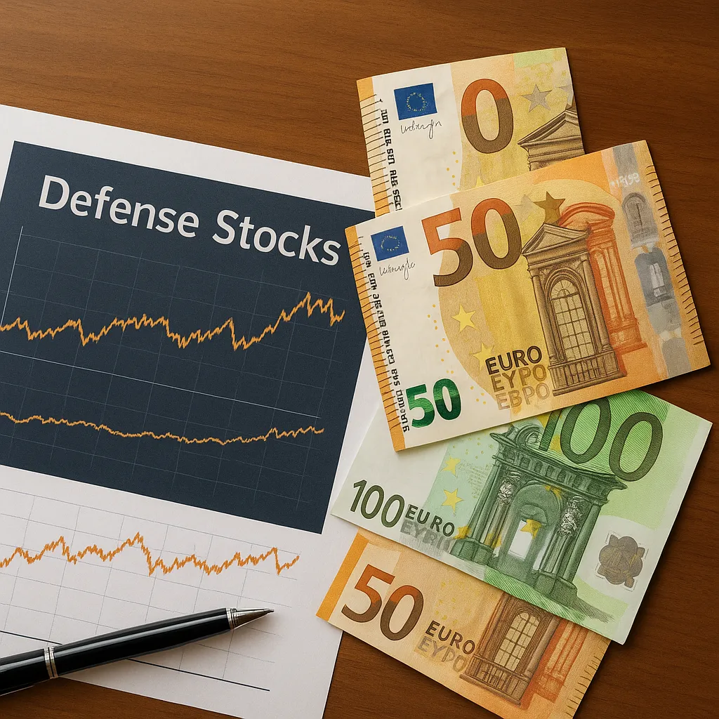 유로화 지폐와 방산주 차트가 함께 놓인 책상 위 장면