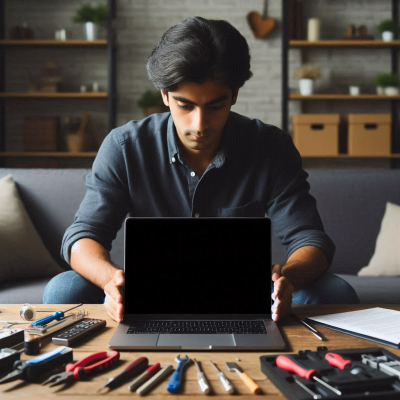 고장 난 노트북을 진지하게 바라보는 남성