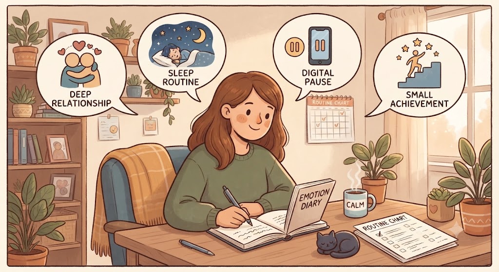 친근한 만화풍 일러스트로 그려진 여성이 따뜻한 느낌의 방 안 책상에 앉아 'EMOTION DIARY(감정 일기)'라고 적힌 노트를 펼치고 펜으로 글을 쓰고 있는 모습. 여성의 머리 위에는 'DEEP RELATIONSHIP(깊은 관계)', 'SLEEP ROUTINE(수면 루틴)', 'DIGITAL PAUSE(디지털 멈춤)', 'SMALL ACHIEVEMENT(작은 성취)'라는 문구와 관련 아이콘들이 말풍선으로 띄워져 있다. 책상 위에는 따뜻한 음료가 담긴 컵과 작은 검은 고양이 인형, 'ROUTINE CHART(루틴 차트)'가 놓여 있으며, 전체적으로 'MENTAL WELLNESS(멘탈 웰니스)'와 장기적인 마음 관리를 시각화한 아늑하고 평온한 분위기의 일러스트.