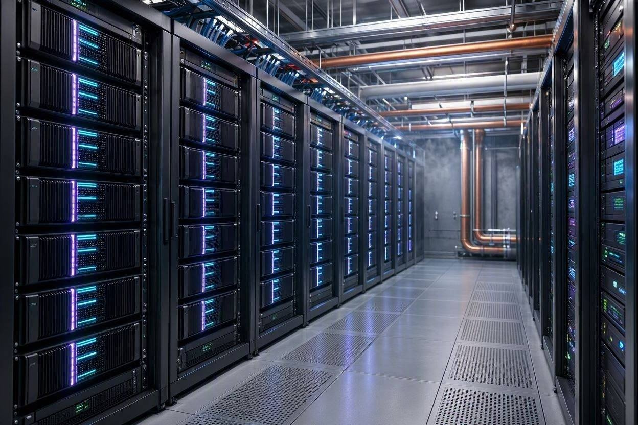 State-of-the-art server room interior filled with glowing high-performance AI GPUs and cooling infrastructure.