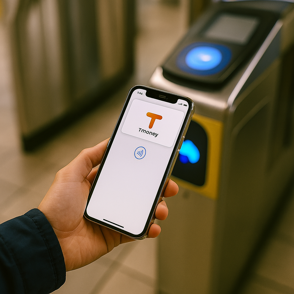 지하철 개찰구 앞에서 한 손에 든 아이폰 화면에 티머니 로고가 보이며, 태그 준비 상태인 장면