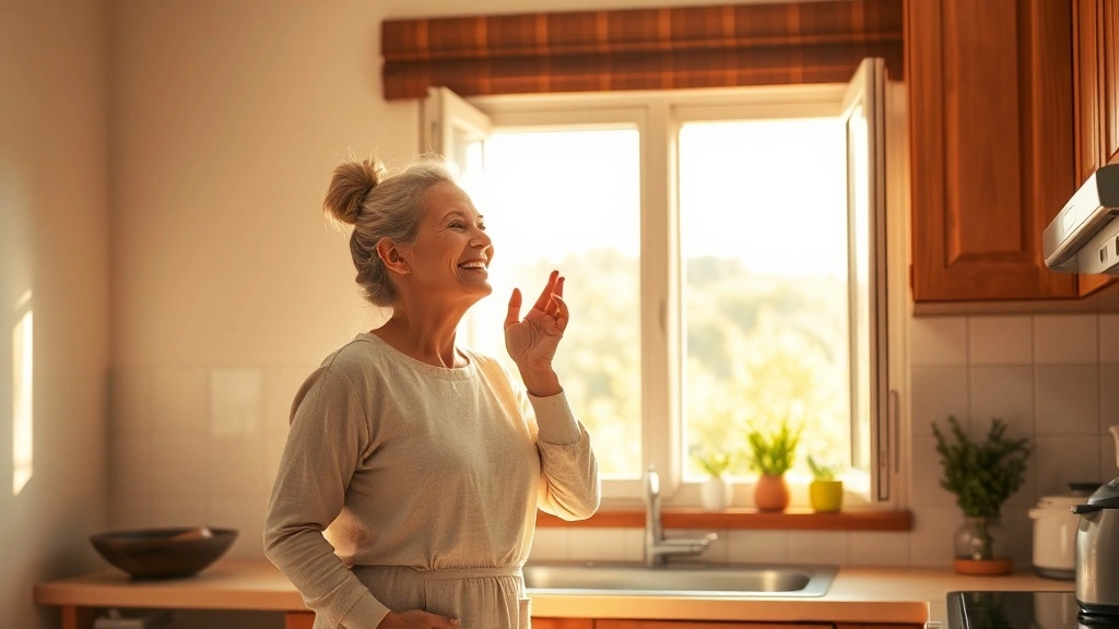 창문이 열린 주방에서 신선한 공기를 들이마시며 미소 짓는 주부