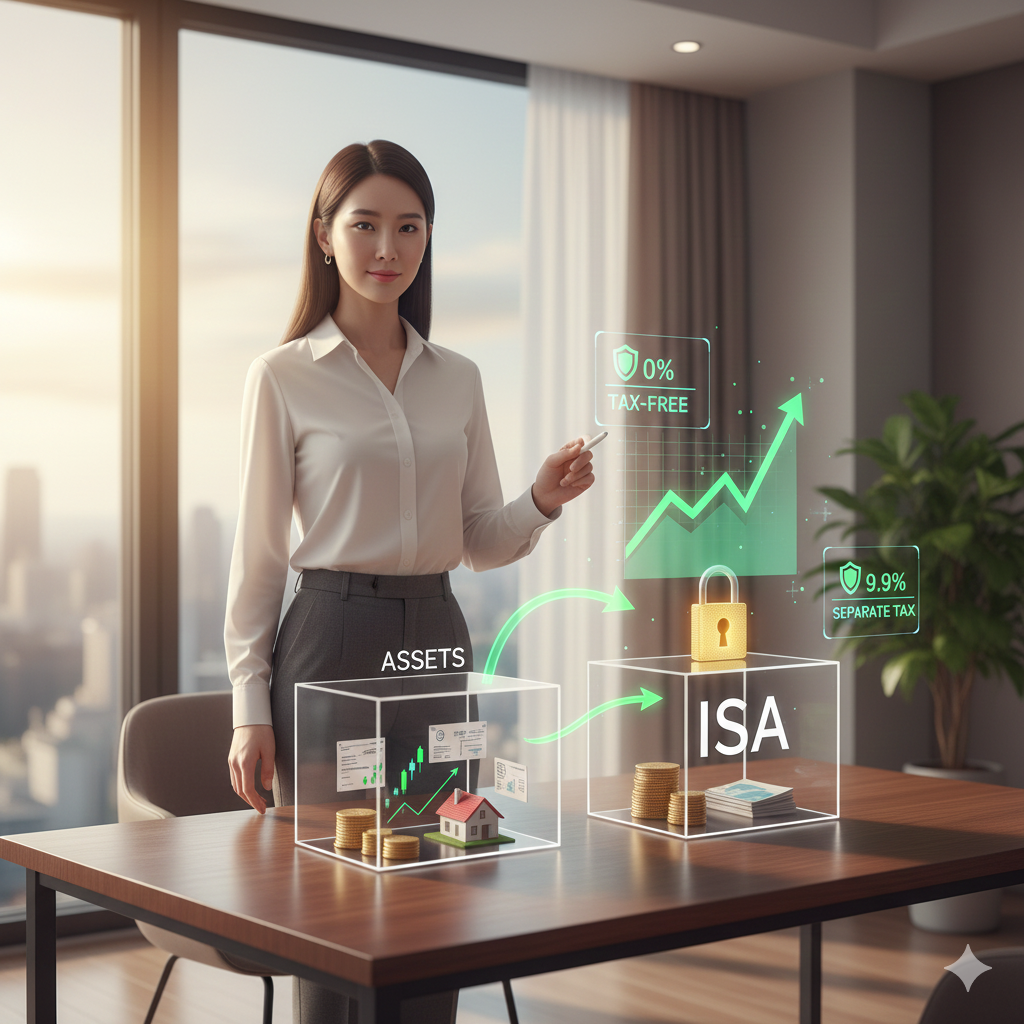 사무실 책상 앞에서 포멀한 복장의 여성이 서서 투명한 큐브 안에 있는 자산(코인, 집, 돈)이 ISA 계좌로 이동하여 비과세 0%와 분리과세 9.9% 혜택을 받으며 성장하는 과정을 시각적으로 보여주는 이미지를 설명하고 있어요. ISA의 절세 효과를 강조하는 그래픽 요소가 사용되었어요.