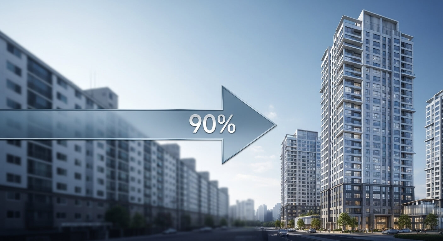 재건축아파트의 변화를 나타내는 그림 오래된아파트가 있고 새로운 아파트가 있다. 동의률90%