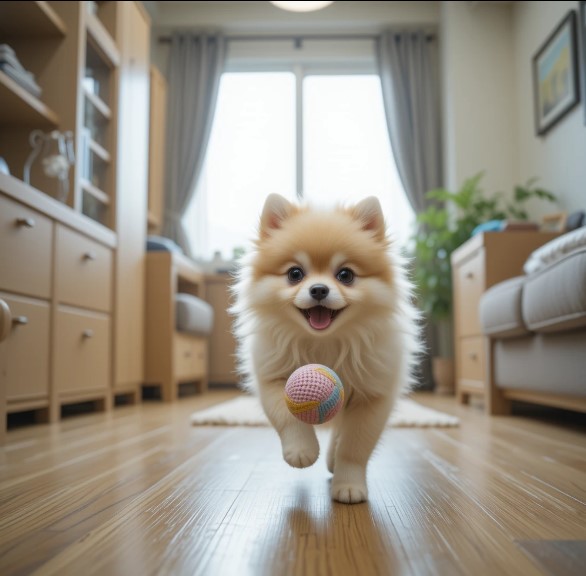 포메라니안 강아지가 집안에서 공 놀이를 하는 모습