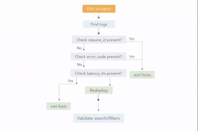 로그에서 요청 ID, 에러 코드, 지연 시간이 있는지 확인하고 부족한 필드를 추가해 검증하는 단계형 흐름도이다.