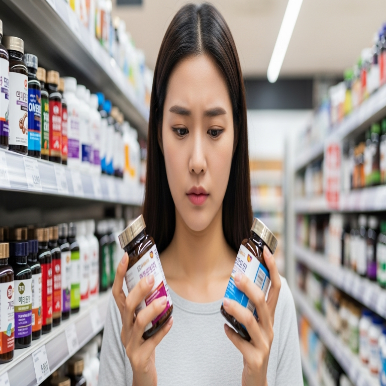 건강 보충제 선택 시 고민하고 있는 이미지