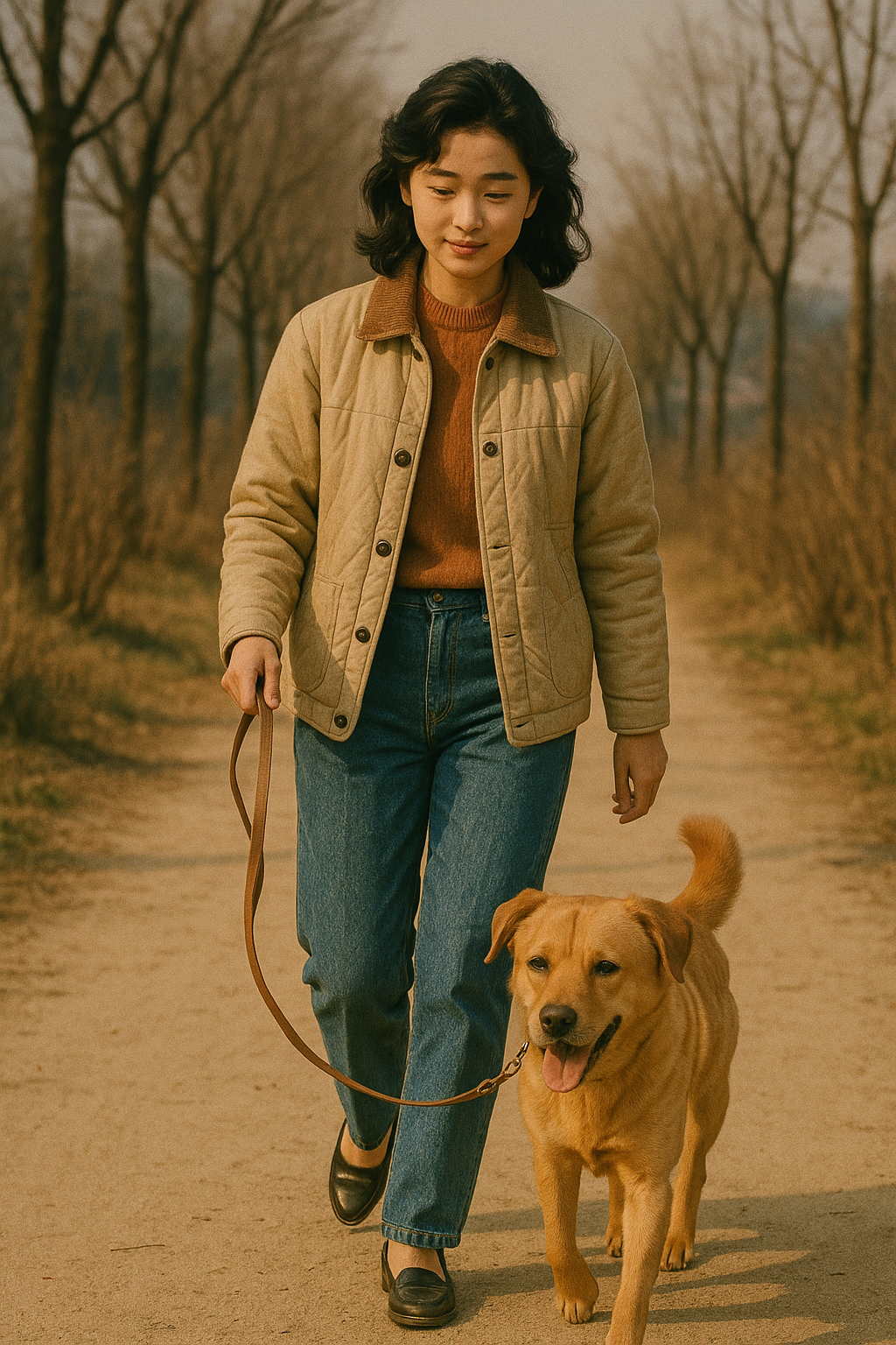 강아지와 산책하는 장면을 1980년대 한국 드라마 느낌으로 표현해줘, 고해상도 이미지로 생성해줘