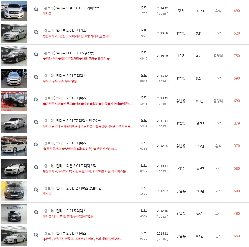 말리부 중고차 시세 : 260만원~990만원