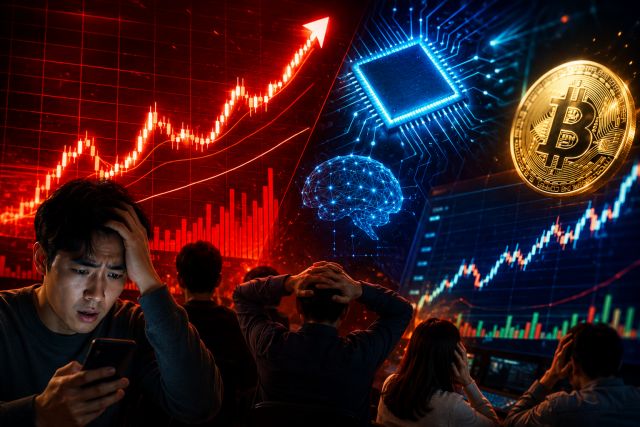 개미들 FOMO 현상과 AI 반도체 및 코인 시장 상승 흐름을 설명하는 투자 분석 이미지