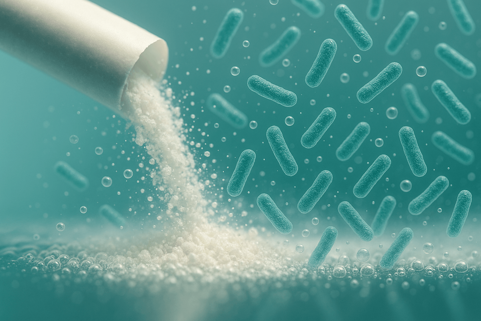 유산균(프로바이오틱스) 분말이 퍼지는 모습과 장내 미생물 일러스트