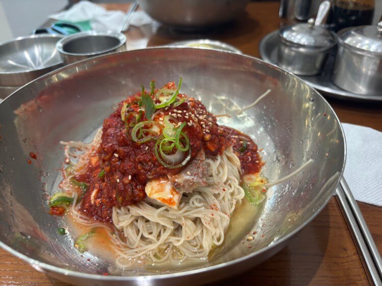 평양 비빔냉면사진, 빨간 양념이 올려져 있고 육수가 조금 담겨 있다.