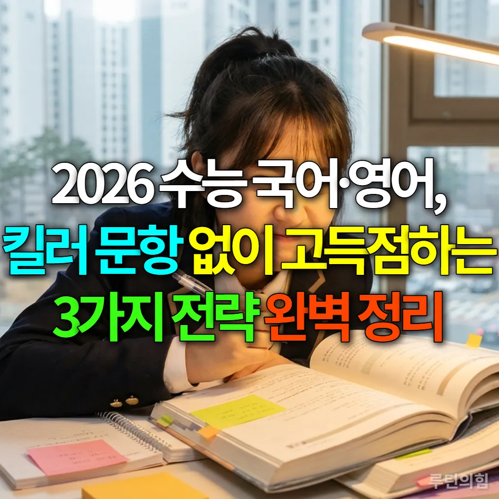 책상에 앉아 밝게 웃으며 공부하는 한국 고등학생의 모습