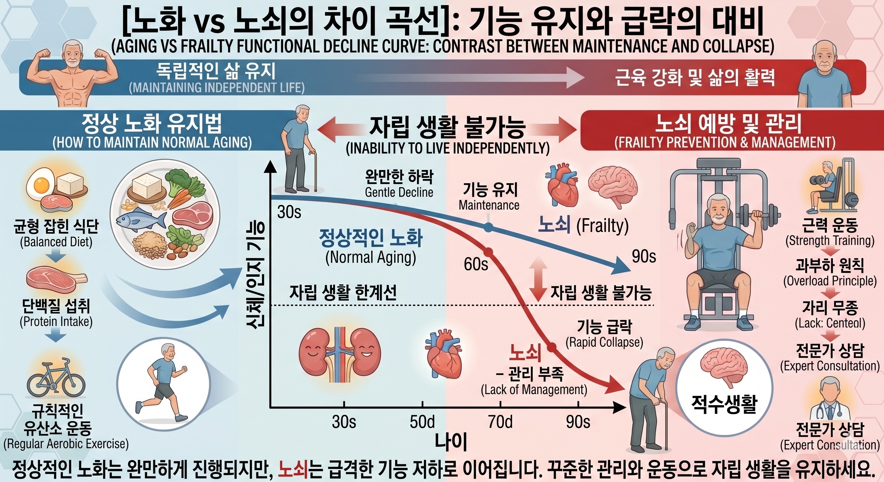 나이가 들며 신체 기능이 서서히 떨어지는 정상적인 노화와 관리 부족으로 인해 특정 시점부터 기능이 급락하는 노쇠의 차이를 대비한 그래프