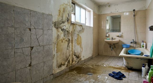 리모델링 하자 발생 후 욕실 누수와 타일 균열 상태를 보여주는 실내 모습