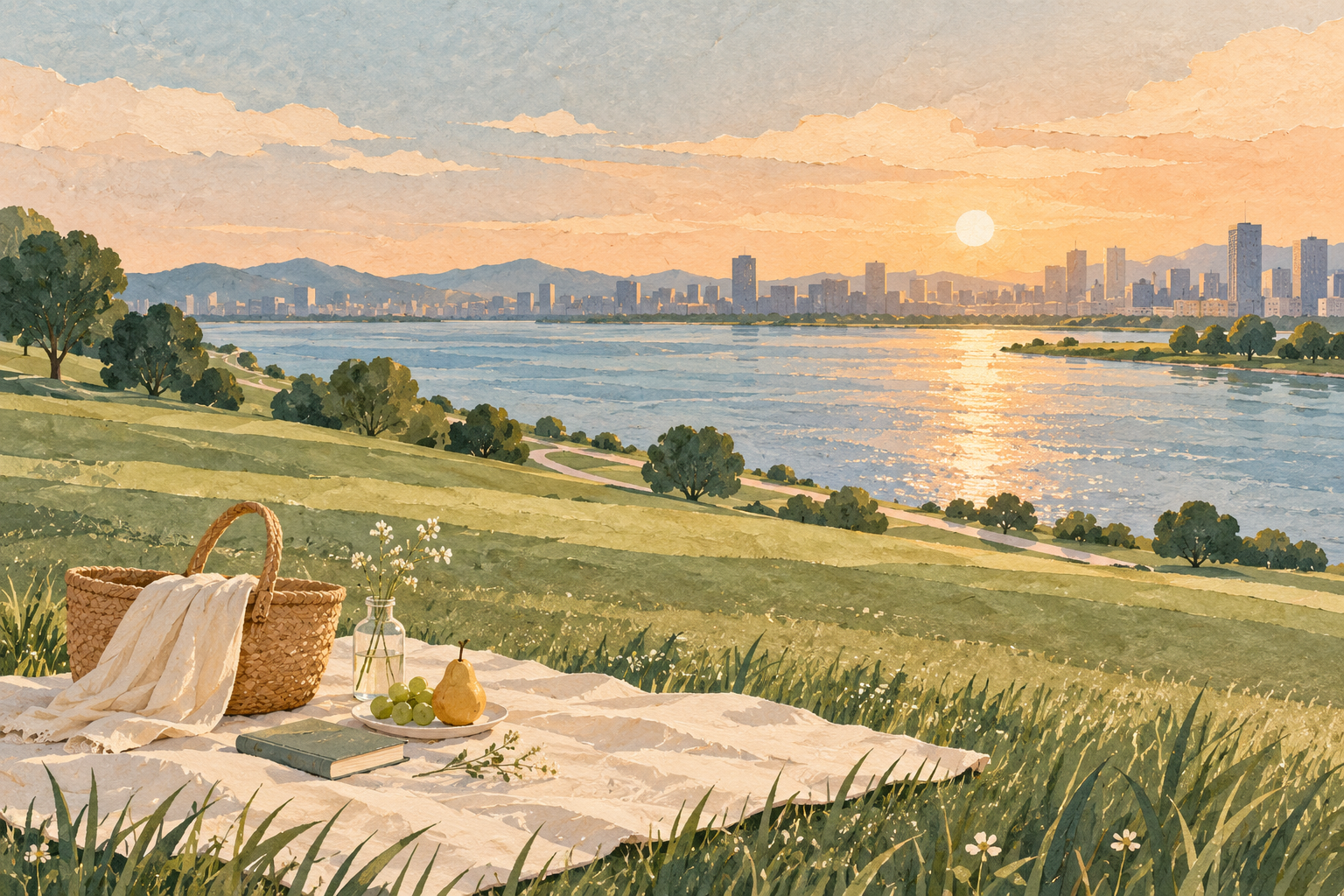 A paper-and-gouache illustration of a picnic cloth, woven basket, book and fruit on a green lawn above a broad river, with a distant city and warm setting sun.