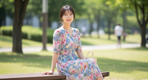 플로럴 원피스를 입은 여성이 공원 벤치에 앉아 있음