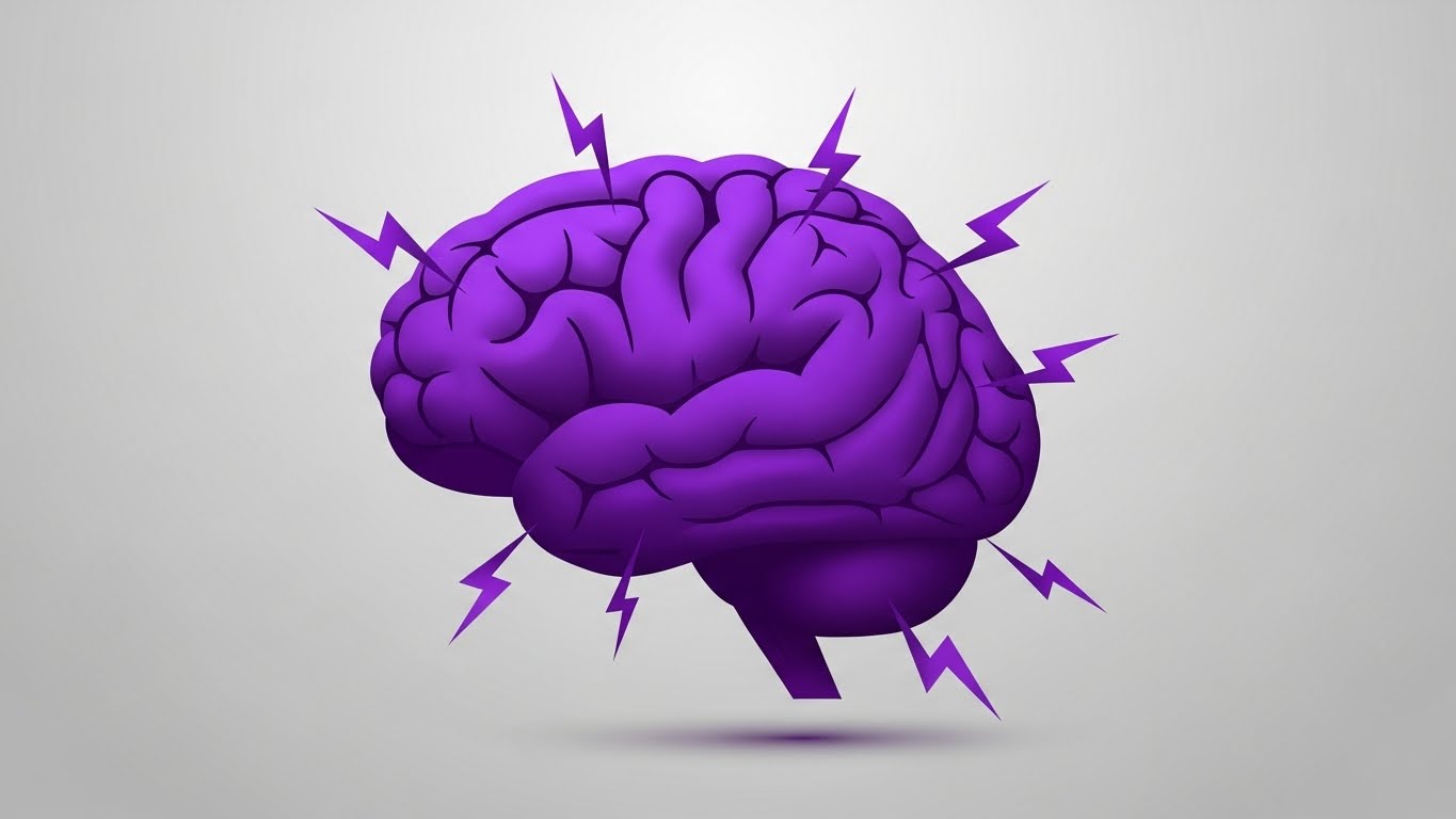 과도한 디지털 자극으로 인해 뇌가 스트레스를 받고 지쳐가는 과정을 형상화한 그래픽