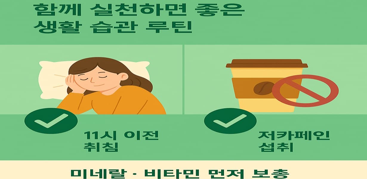 “11시 이전 취침과 저카페인 섭취가 강조된 생활 습관 루틴 인포그래픽”