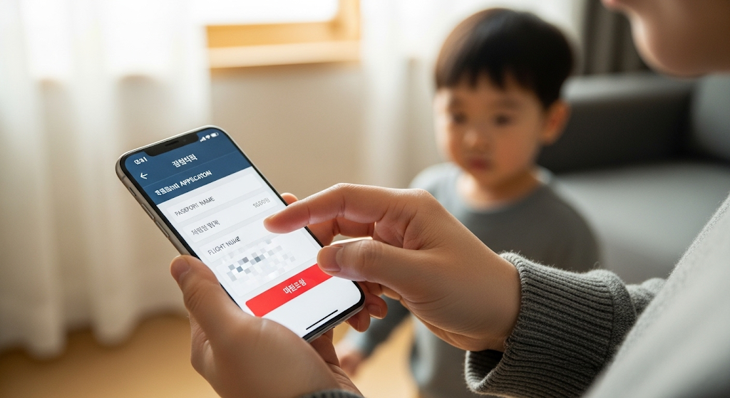 한국인의 손이 스마트폰 화면에 여권 이름과 항공권 번호를 입력하는 장면