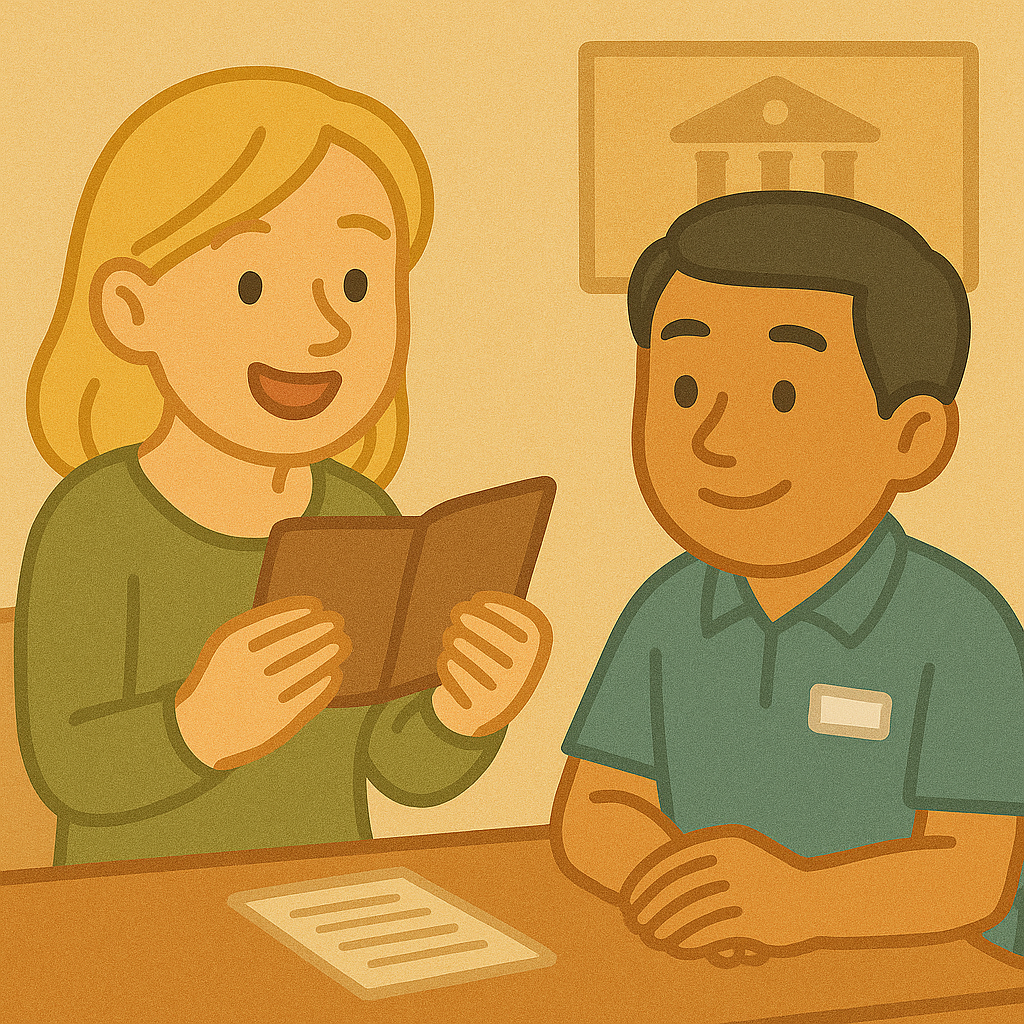 외국인 배우자가 은행에서 통장을 개설했다.