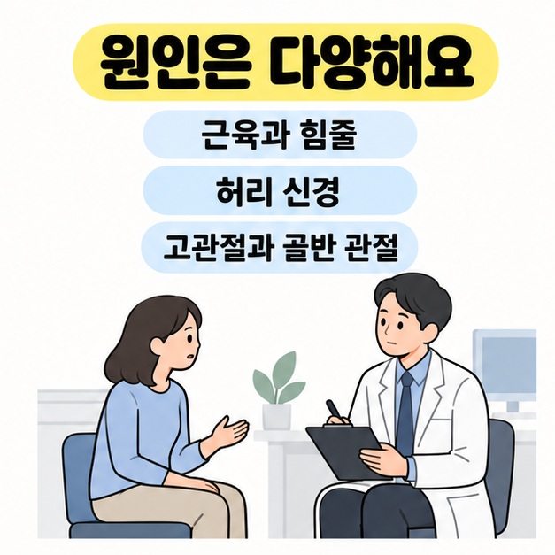 근육과 힘줄, 허리 신경, 고관절과 골반 관절이 가능한 원인임을 설명하는 환자와 의료진의 상담 장면