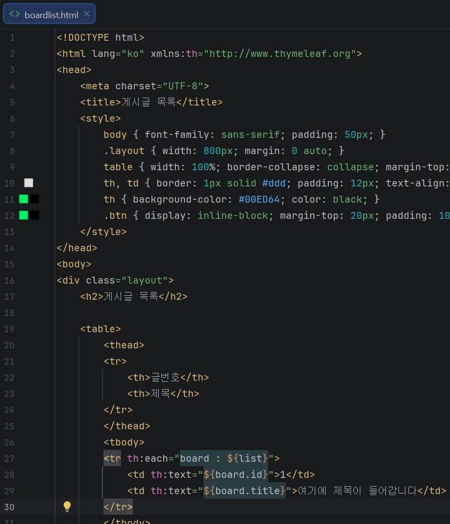 타임리프 th:each 반복문 게시판 HTML