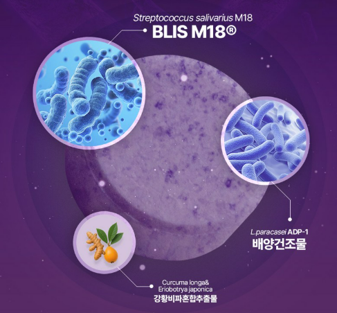 은한 민트향과 단맛이 나는 닥터파이토 덴티백 구강유산균의 둥근 트로키 정제 모습을 확대한 사진입니다. 물 없이 입에서 사르르 녹여 먹는 편리한 복용법과 상쾌한 제형을 표현했습니다.