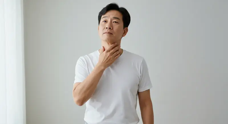 경동맥 자가진단을 위해 목을 짚고 있는 중년 남성