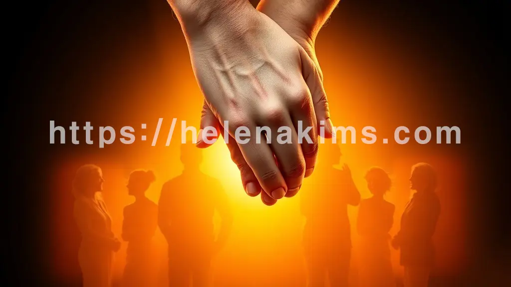 중앙에는 부드럽게 서로 맞잡은 두 손이 클로즈업되어 있으며, 이 손 위로 다양한 연령대의 사람들이 서로 기대거나 웃고 있는 실루엣들이 있고, 주변에는 희망을 상징하는 은은한 빛과 따뜻한 색감이 감돌며, 류마티스 관절염 환우 간의 깊은 공감과 심리적 지지, 그리고 희망찬 회복의 과정을 그린 이미지.