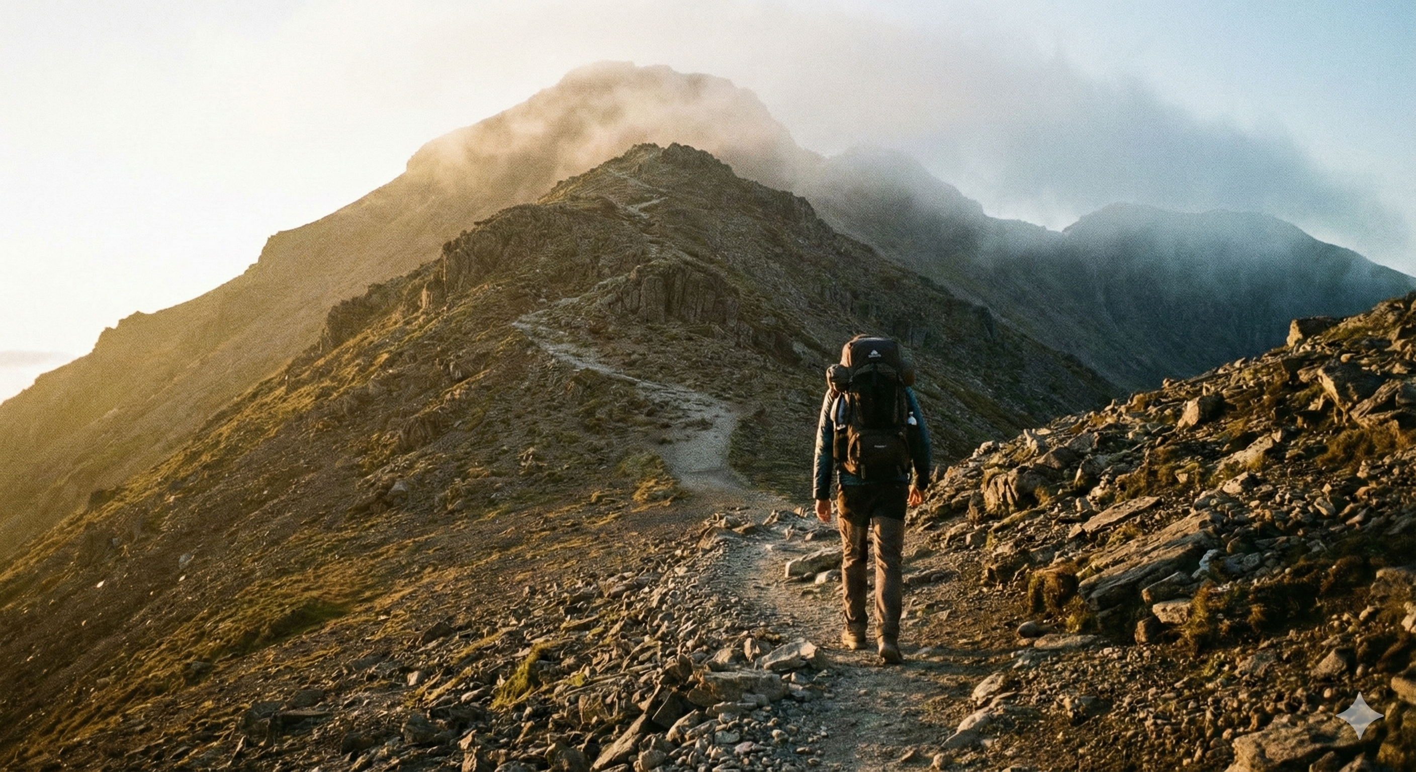 험난한 산을 오르는 등산가의 뒷모습, 목표를 향해 포기하지 않고 나아가는 끈기와 그릿(GRIT)을 상징하는 이미지